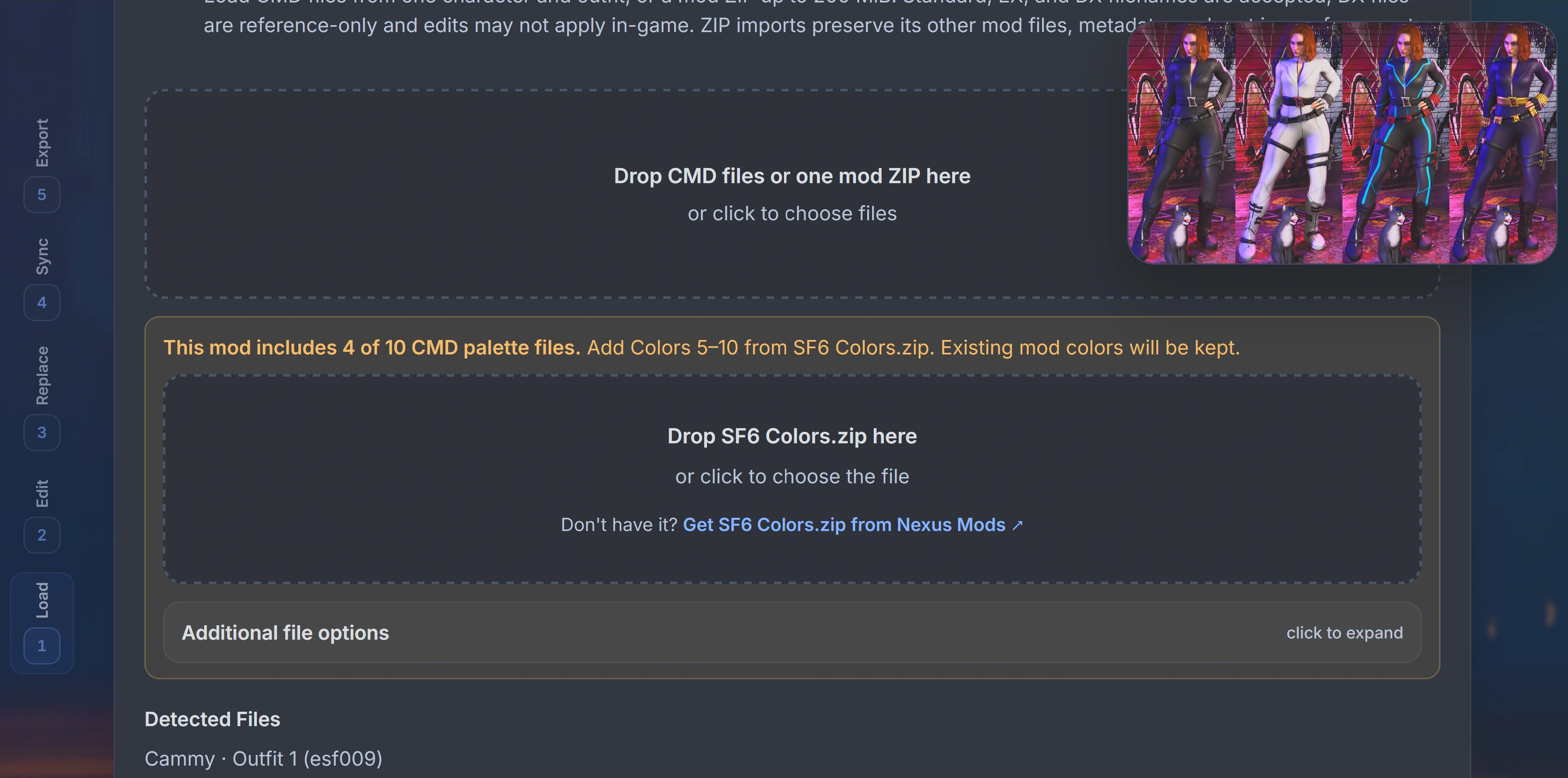 A mod with 4 of 10 CMD palettes loaded and a prompt to add missing Colors 5 through 10 from SF6 Colors.zip.