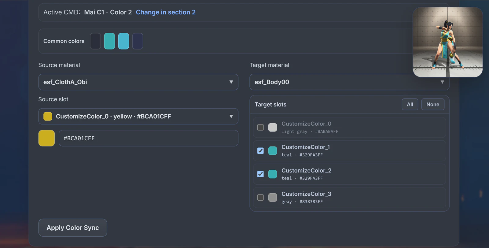 Color Sync panel with Mai C1 Color 2, a yellow source slot, and two teal Body00 target slots selected.