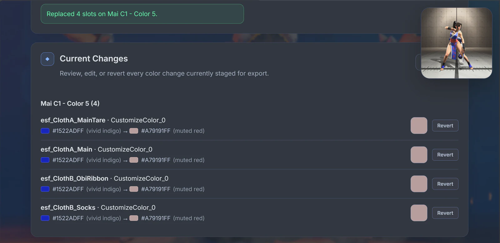Current Changes panel showing four staged Color 5 replacements with a Revert button for each slot.