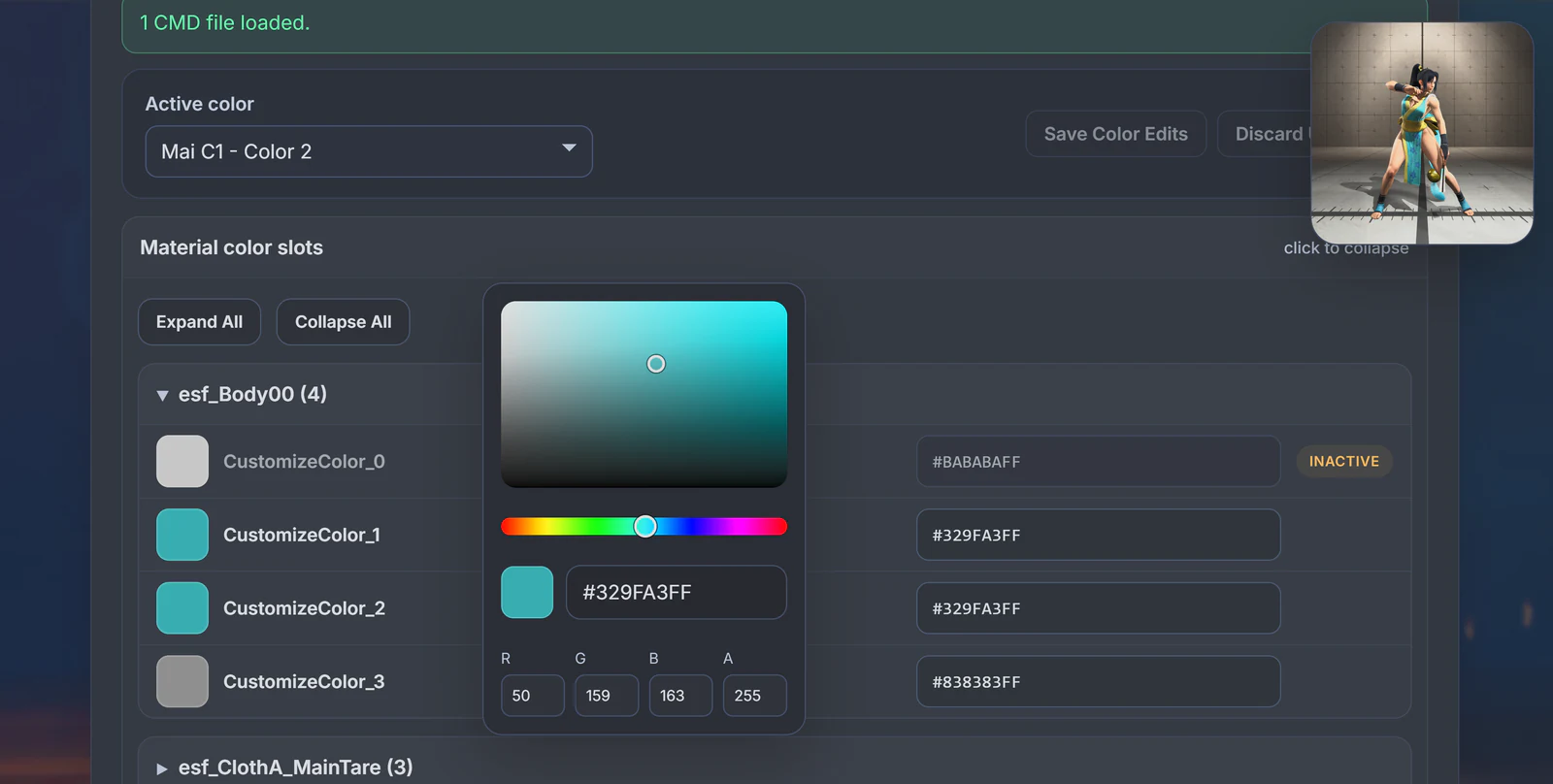 Parsed Color Data for Mai C1 Color 2 with Body00 expanded and the teal CustomizeColor_1 editor open.