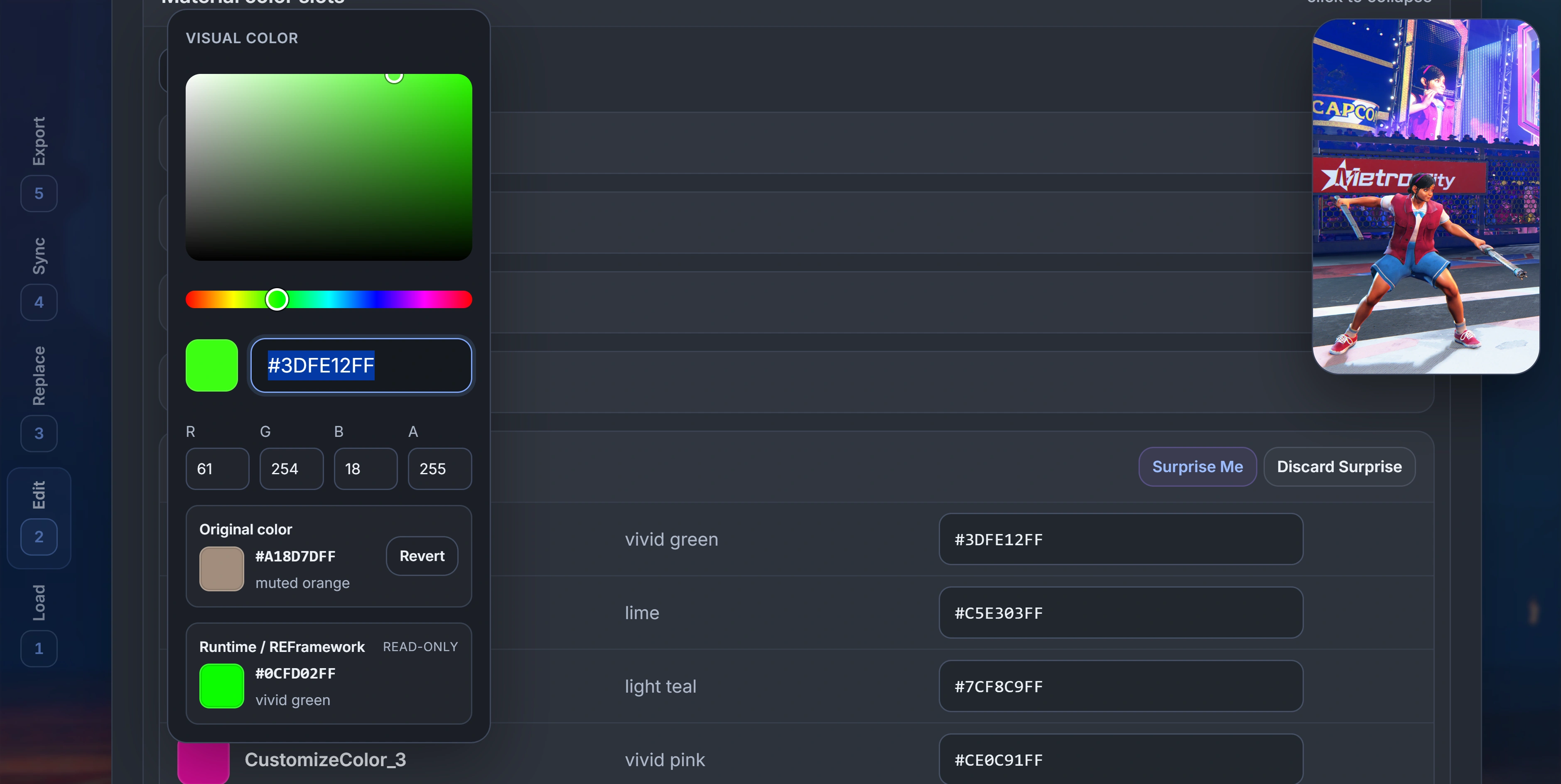 Color editor showing the visual color picker, runtime color readout, section rail, and reference viewer.