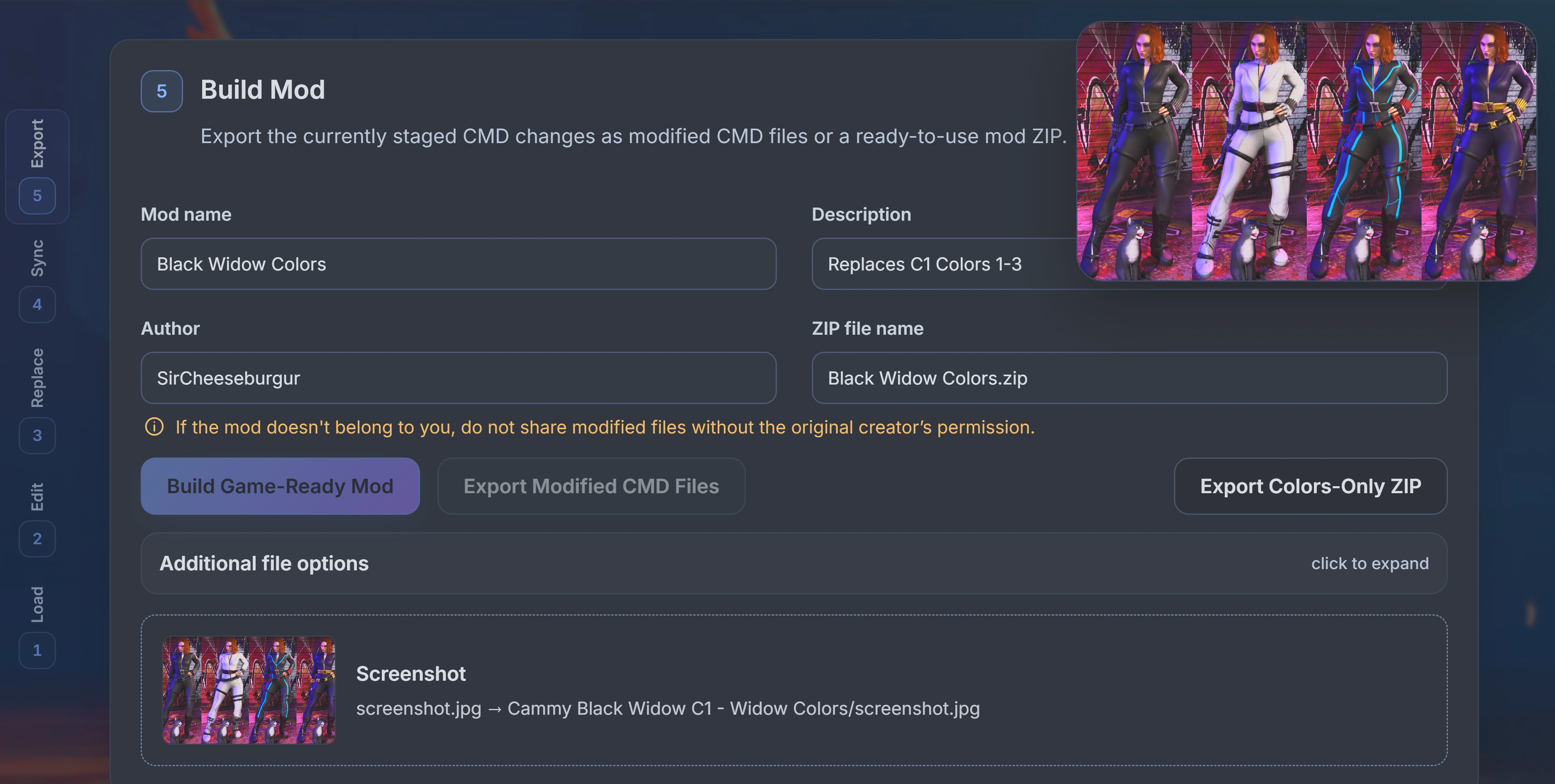 Build Mod section showing imported Black Widow Colors metadata, preserved screenshot, and export options.
