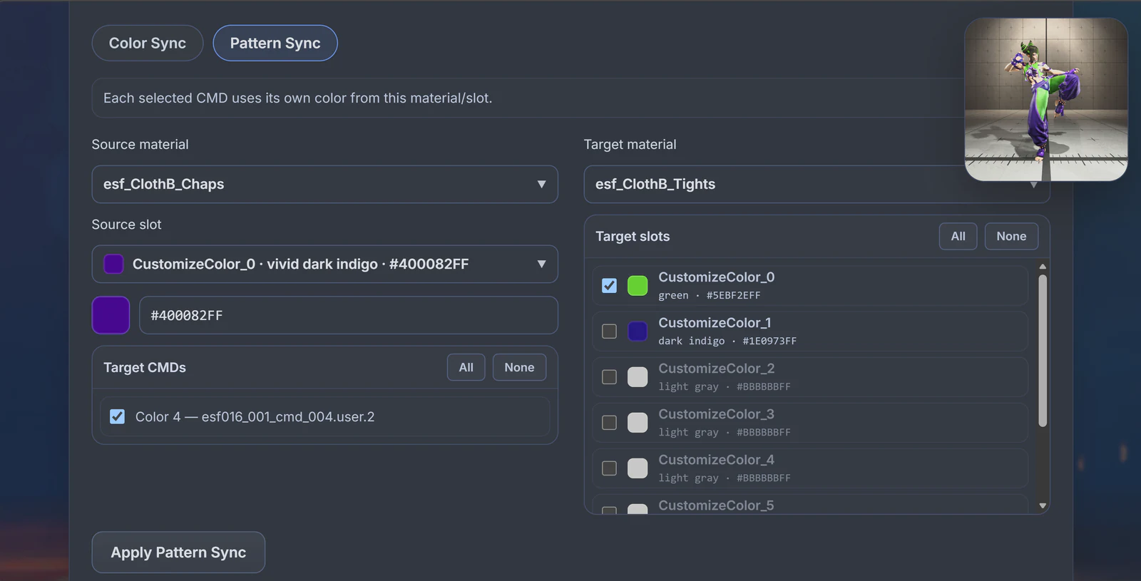 Pattern Sync panel with a dark-indigo Chaps source, the Tights CustomizeColor_0 target selected, and Color 4 checked as the target CMD.